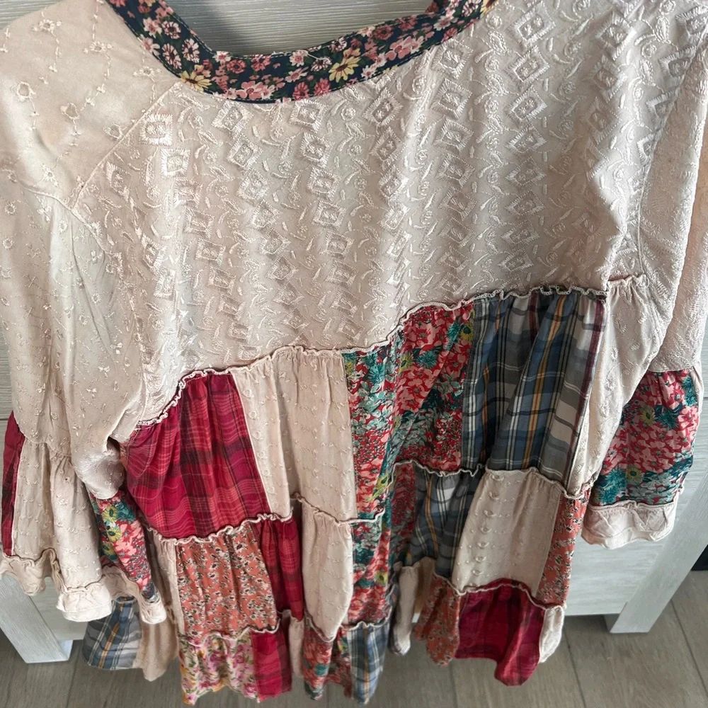 Bohemian Patchwork Peasant Top in Cream and Red - Picture 2 of 4